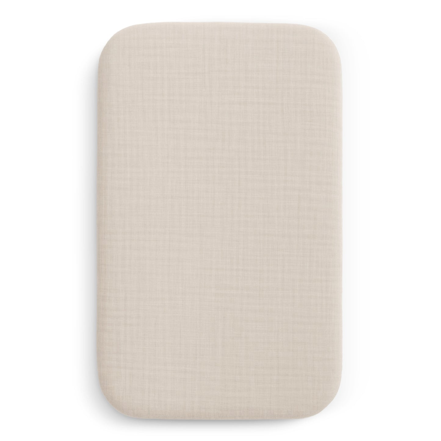 The image shows Newton Baby Bassinet Extra Sheets, rectangular and beige, designed for bedside sleepers or bassinets. The fabric has a subtle textured pattern and a smooth, clean look, displayed against a white background.