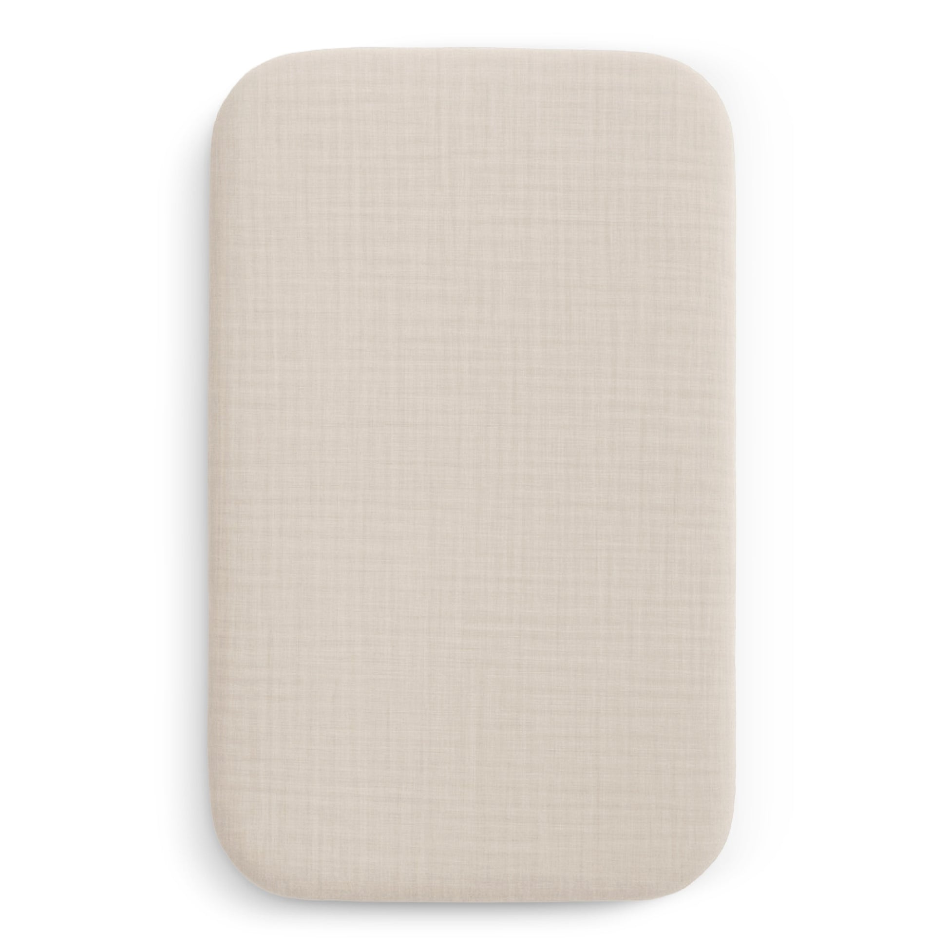 The image shows Newton Baby Bassinet Extra Sheets, rectangular and beige, designed for bedside sleepers or bassinets. The fabric has a subtle textured pattern and a smooth, clean look, displayed against a white background.