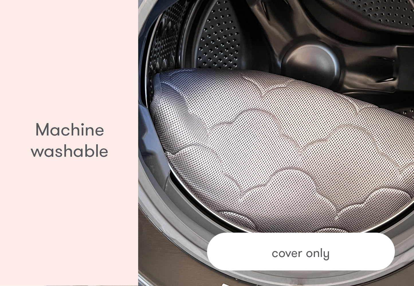 A cushioned gray bassinet cover displaying a patterned design, labeled as 'Machine washable cover only', inside a washing machine.