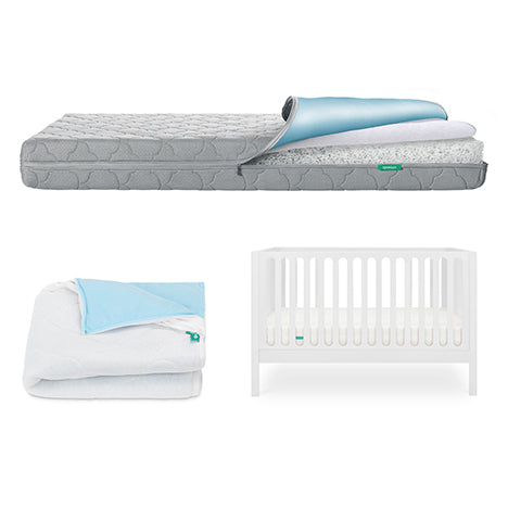 The Newton Baby Galileo Crib, Waterproof Mattress & Pad Set is shown with a gray mattress, blue and white cover, folded blanket, and convertible crib—all arranged on a white background.