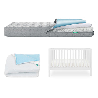 The Newton Baby Galileo Crib, Waterproof Mattress & Pad Set is shown with a gray mattress, blue and white cover, folded blanket, and convertible crib—all arranged on a white background.