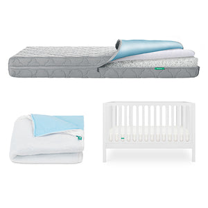 The Newton Baby Galileo Crib, Waterproof Mattress & Pad Set is shown with a gray mattress, blue and white cover, folded blanket, and convertible crib—all arranged on a white background.