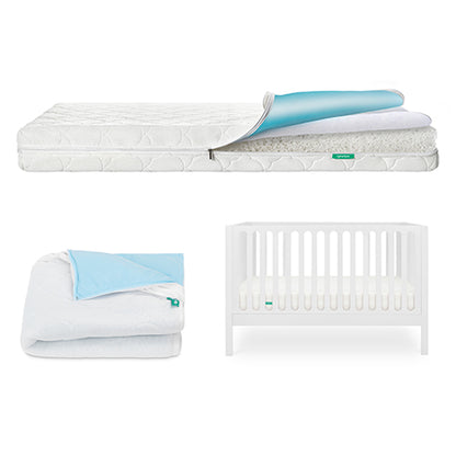 The Newton Baby Galileo Crib, Waterproof Mattress & Pad Set includes a convertible crib, waterproof mattress with blue cover, and white-blue blanket—ideal additions to any nursery.