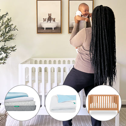 A woman with long braids holds a smiling baby in a modern nursery featuring the Newton Baby Galileo Crib; three product images of the Waterproof Mattress & Pad Set appear overlayed at the bottom.