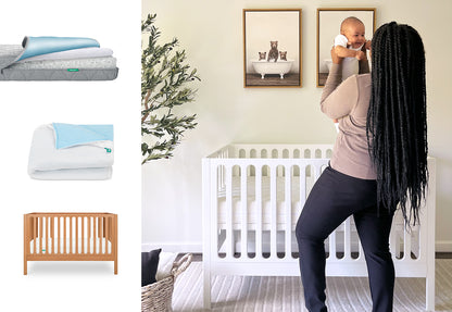 A woman with long braids lifts a smiling baby above a white crib in a softly lit nursery. On the left, images show the Newton Baby Galileo Crib and Waterproof Mattress & Pad Set on a white background.