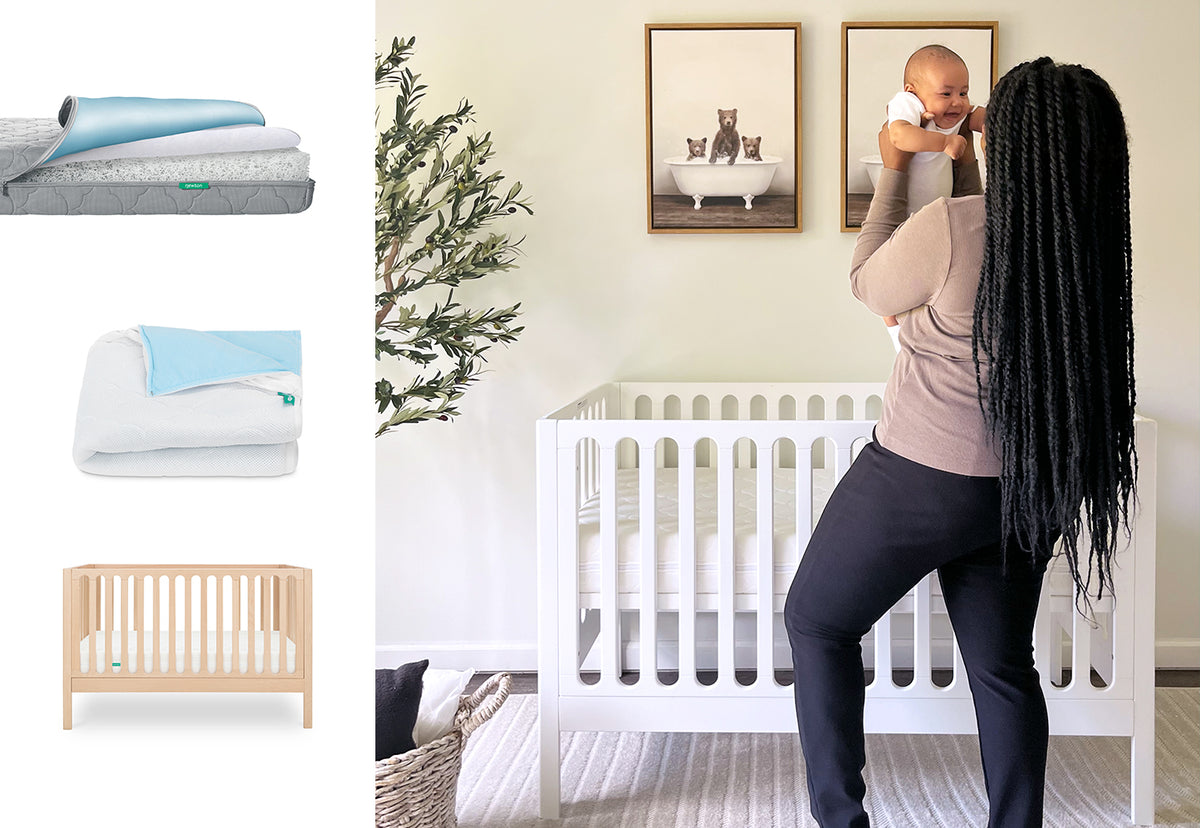 A woman stands in a nursery holding a baby above the Newton Baby Galileo Crib. On the left are images of the nursery set, including a waterproof mattress and pad, and animal art prints hang above the crib.