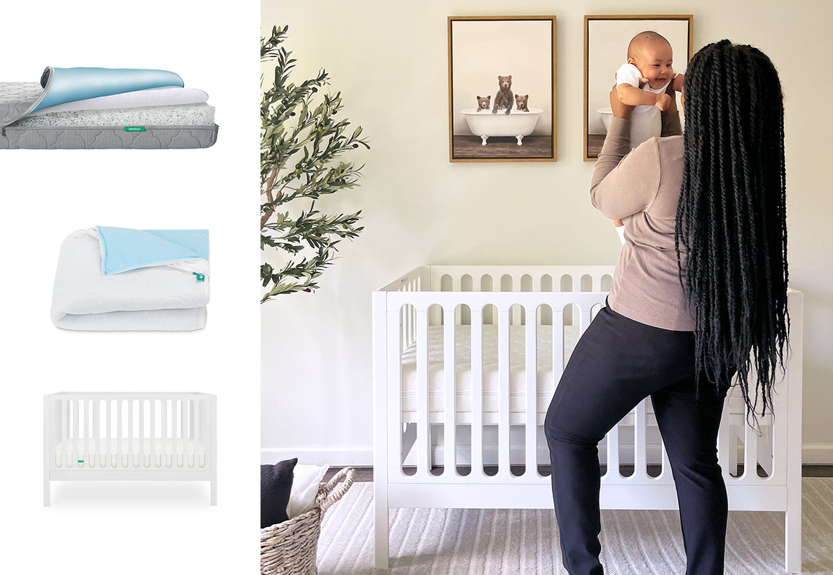 A woman lifts a baby above the Newton Baby Galileo Crib in a nursery with animal art. On the left, images feature the matching white crib and Newton Baby Waterproof Mattress & Pad Set with blue overlay and white blanket.