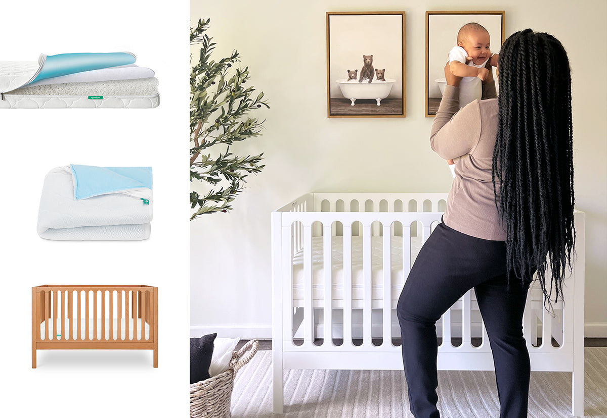 A woman with long braids lifts a baby in a modern nursery with Newton Baby’s Galileo Crib, Waterproof Mattress & Pad Set. Left images show the waterproof mattress, protector, and wooden crib displayed against a white background.