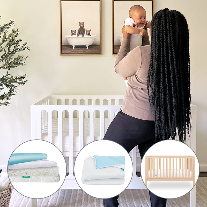 A woman with long braids holds a smiling baby in a nursery featuring the Newton Baby Galileo Crib, Waterproof Mattress & Pad Set. Inset images show the set’s bedding, mattress, and pad. Animal art decorates the wall above the crib.