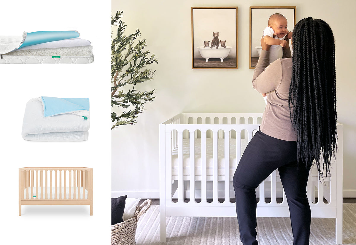 In a softly lit nursery, a woman lifts a smiling baby above the Newton Baby Galileo Crib. On the left are images of the waterproof mattress and pad set, plus a white and blue blanket—all from Newton Baby.