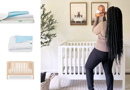 In a softly lit nursery, a woman lifts a smiling baby above the Newton Baby Galileo Crib. On the left are images of the waterproof mattress and pad set, plus a white and blue blanket—all from Newton Baby.