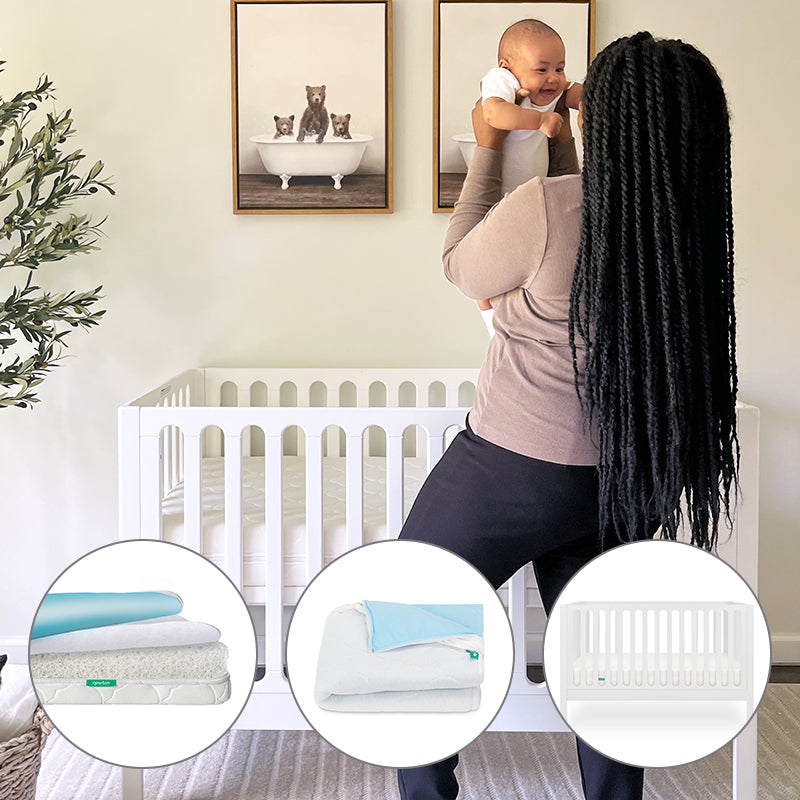 A woman with long braids holds a smiling baby in a nursery featuring the Newton Baby Galileo Crib and Waterproof Mattress & Pad Set. Circular insets display the bedding, blanket, and crib rail cover. Animal-themed art decorates the wall behind them.