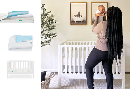 A woman holds a baby beside the Newton Baby Galileo Crib in a softly lit nursery. On the left are images of the Waterproof Mattress & Pad Set and nursery accessories. Framed animal art hangs above the crib.