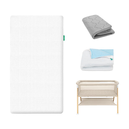 The Newton Baby Essential Bassinet with Extra Cover and Essential Crib Mattress with Pad are displayed on a white background, featuring breathable materials, a quilted pad, blanket, and a bassinet with lower storage.