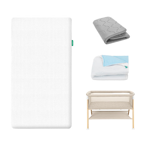 The Newton Baby Essential Bassinet with Extra Cover and Essential Crib Mattress with Pad are displayed on a white background, featuring breathable materials, a quilted pad, blanket, and a bassinet with lower storage.