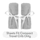 Two rolled-up gray Newton Baby Compact Travel Crib Sheets, each tied with a white ribbon, are shown side by side above text stating: Sheets fit Compact Travel Crib only—ideal for use as travel crib sheets or play yard mattress sheets.