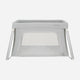 The Newton Baby Compact Travel Crib & Play Yard features mesh sides, a zippered front opening, angled white legs, a breathable mattress, and washable fabrics. Shown in gray against a plain white background.