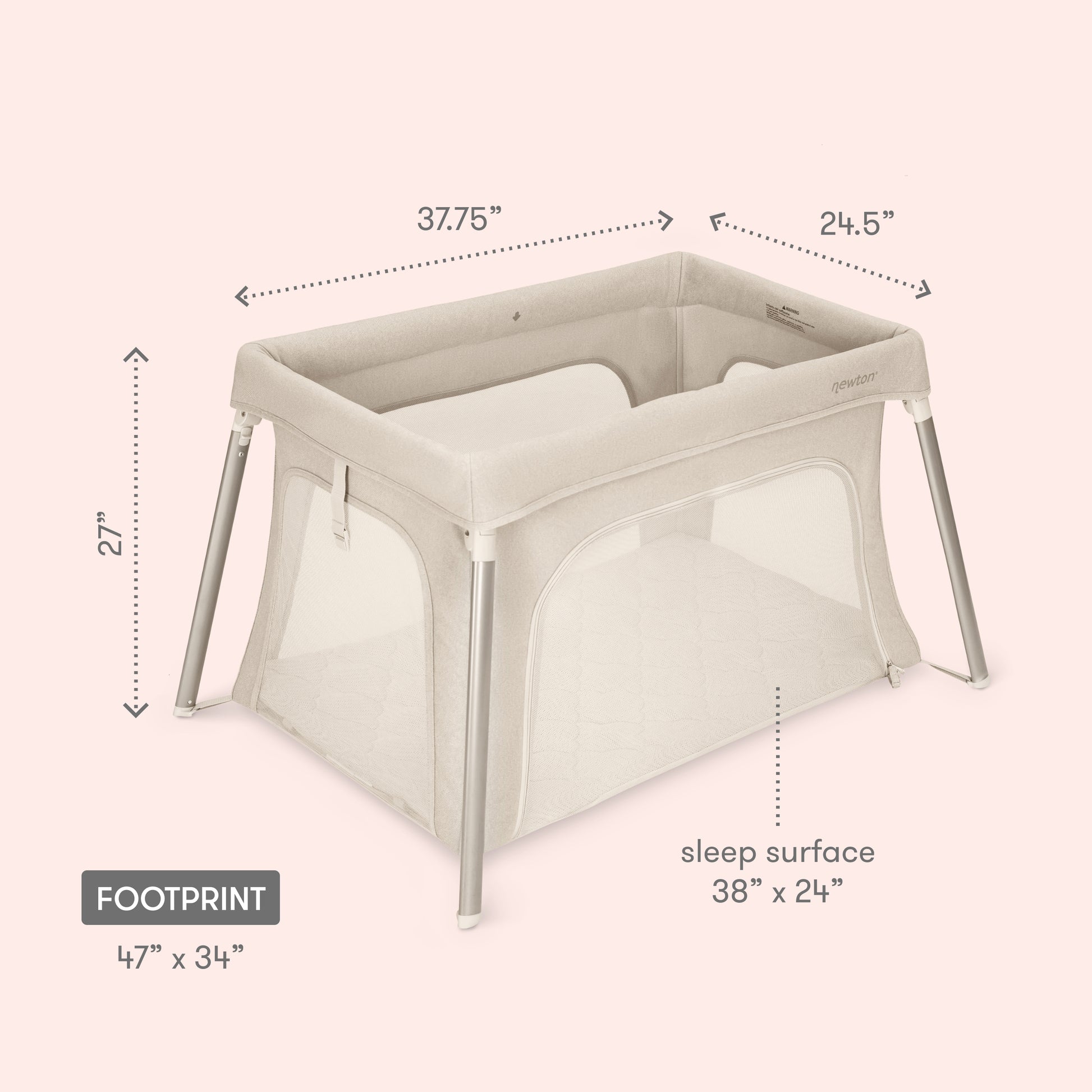 The Newton Baby Compact Travel Crib & Play Yard in beige is shown on a light background. It has mesh sides, a breathable mattress, measures 37.75"x24.5"x27", with a 38"x24" sleep surface and a 47"x34" footprint.