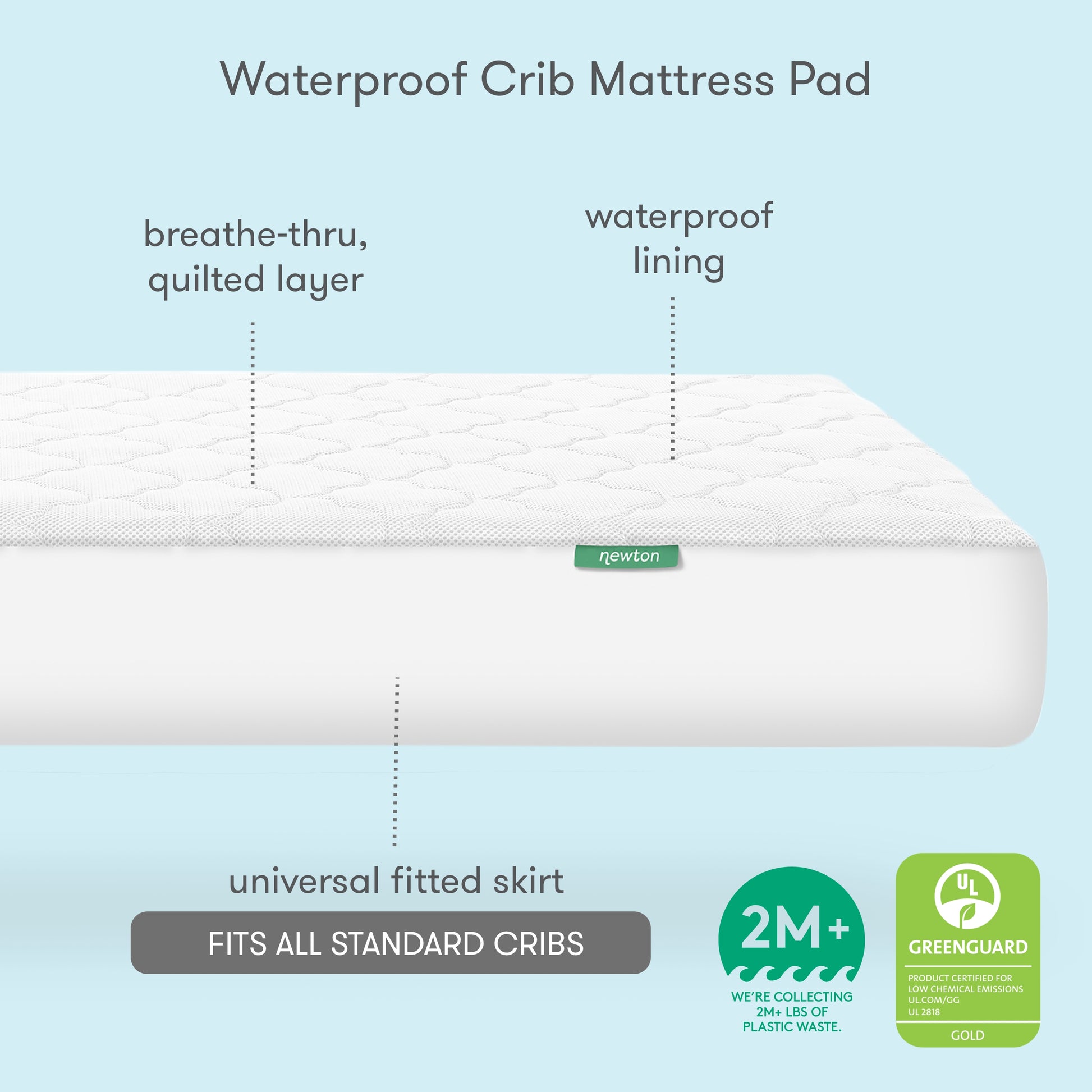 The Newton Baby Waterproof Crib Mattress Pad features a quilted, breathable layer, waterproof lining, and universal fitted skirt to fit all standard cribs—ideal for potty training. Eco and GREENGUARD Gold certified.