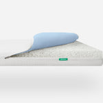 The Newton Baby Essential Waterproof Crib Mattress is shown with its zip-off white cover partially removed, revealing the inner core and blue waterproof mattress pad, all displayed on a plain white background.