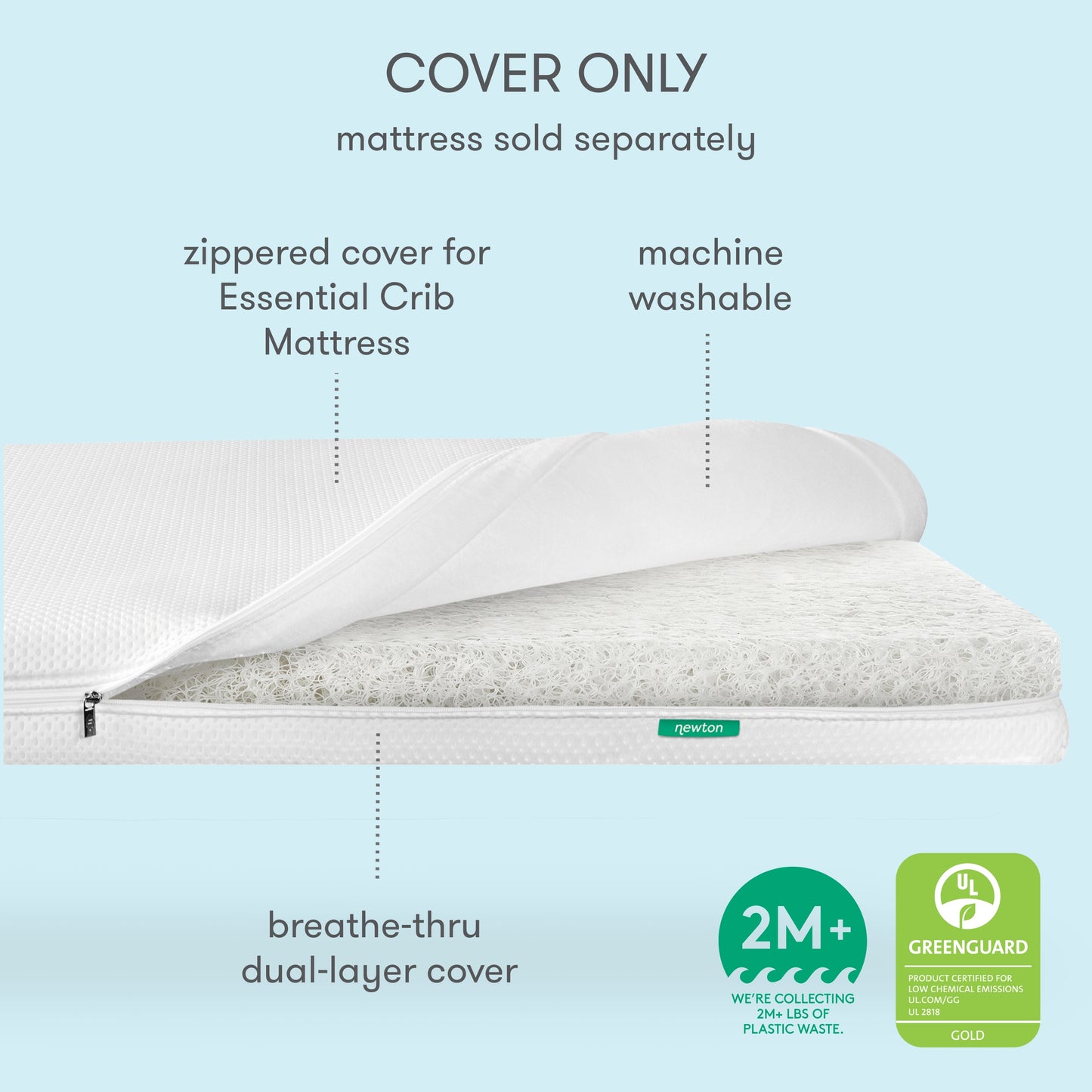 A white zippered removable Extra Essential Crib Mattress Cover by Newton Baby, partially unzipped to show a breathable dual-layer. Washable, eco-friendly, GREENGUARD Gold certified, and fits the Essential Crib Mattress.