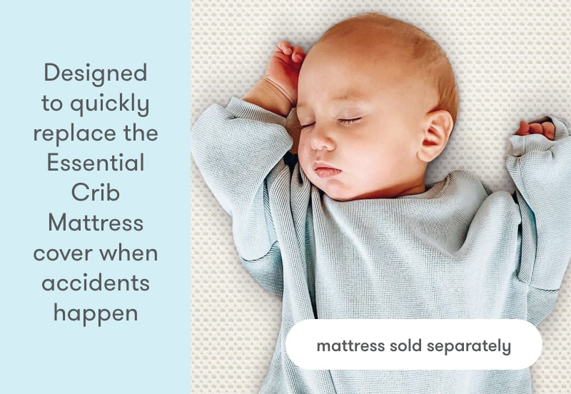 Sleeping baby on a crib mattress with text describing the product as 'Designed to quickly replace the Essential Crib Mattress cover when accidents happen' and a note stating 'mattress sold separately'.