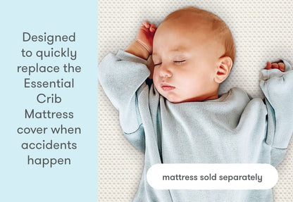Sleeping baby on a crib mattress with text describing the product as 'Designed to quickly replace the Essential Crib Mattress cover when accidents happen' and a note stating 'mattress sold separately'.