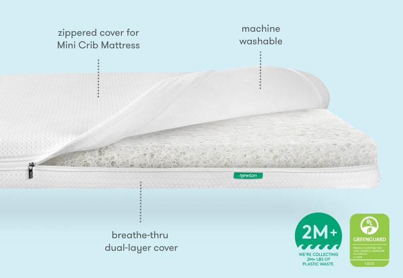 ALT text: "Newton Mini Crib Mattress featuring a zippered, machine washable, breathe-thru dual-layer cover; labeled with '2M+ We're collecting 2M+ lbs of plastic waste' and 'GREENGUARD Gold' certifications."