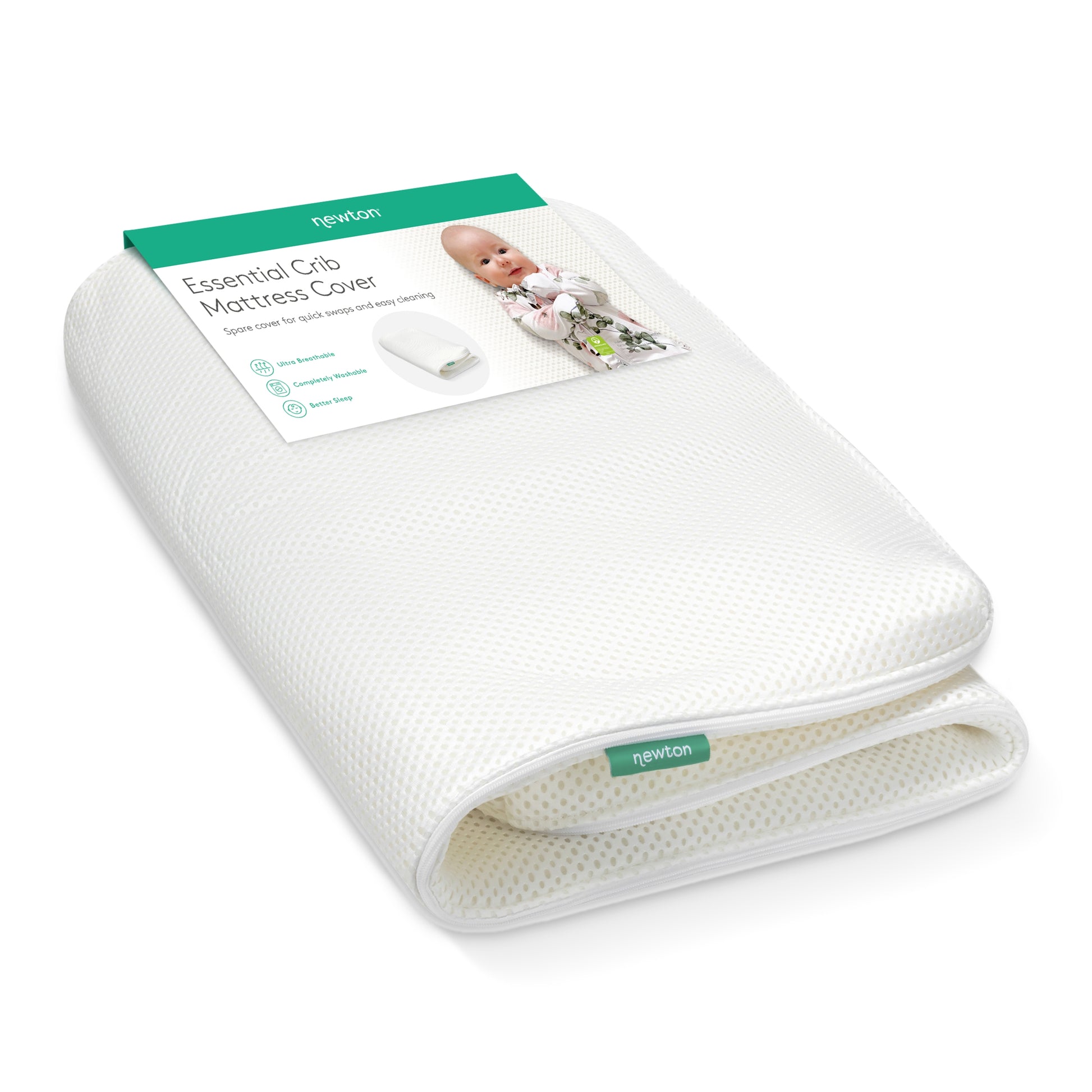 A folded white Extra Essential Crib Mattress Cover by Newton Baby is shown with packaging that features a smiling baby and highlights its waterproof, washable design, ultra-breathability, and compatibility with most cribs.
