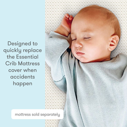 A baby in light blue sleeps on a crib with a Newton Baby Extra Essential Crib Mattress Cover, known for being ultra-breathable and easy to replace. Mattress sold separately.
