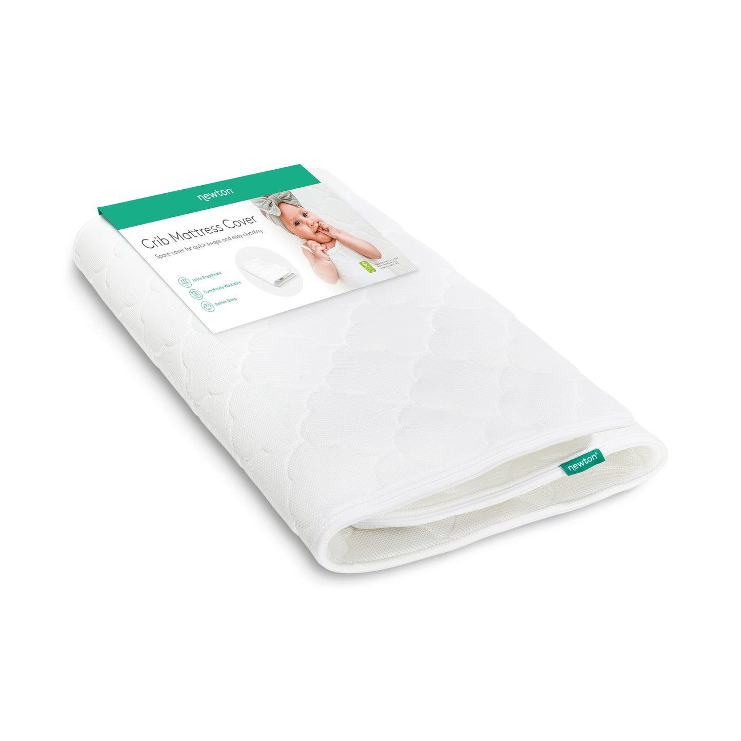 A washable white Extra Original Crib Mattress Cover with a quilted pattern is shown folded. The packaging displays a baby photo and product details, with the Newton Baby brand name clearly visible on the label and tag.
