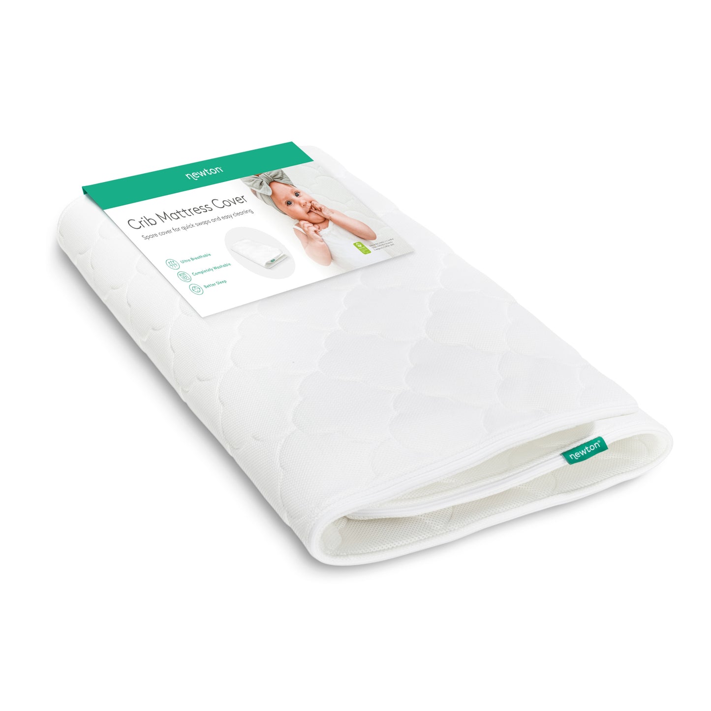 A folded, white, washable Extra Original Crib Mattress Cover by Newton Baby is shown in packaging featuring a baby and green-and-white label that highlights its breathable design and displays the Newton Baby logo.