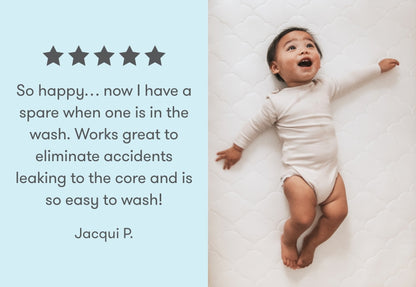 Joyful baby lying on a textured background with a testimonial reading: "So happy... now I have a spare when one is in the wash. Works great to eliminate accidents leaking to the core and is so easy to wash! - Jacqui P." and five stars above the text.
