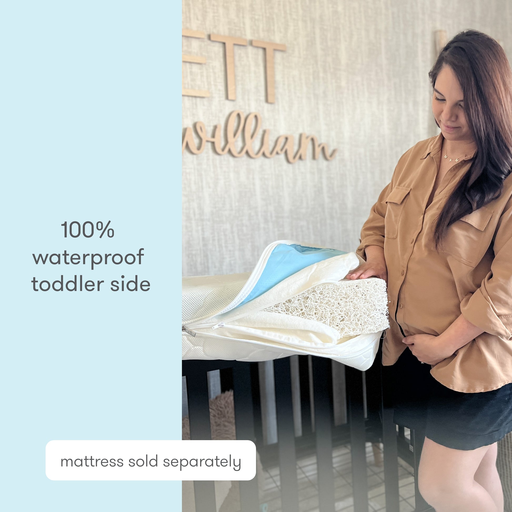 A woman stands beside a crib, holding the Newton Baby Extra Waterproof Crib Mattress Cover to display its waterproof toddler side and breathable material. Text on the image reads "100% waterproof toddler side; mattress sold separately.