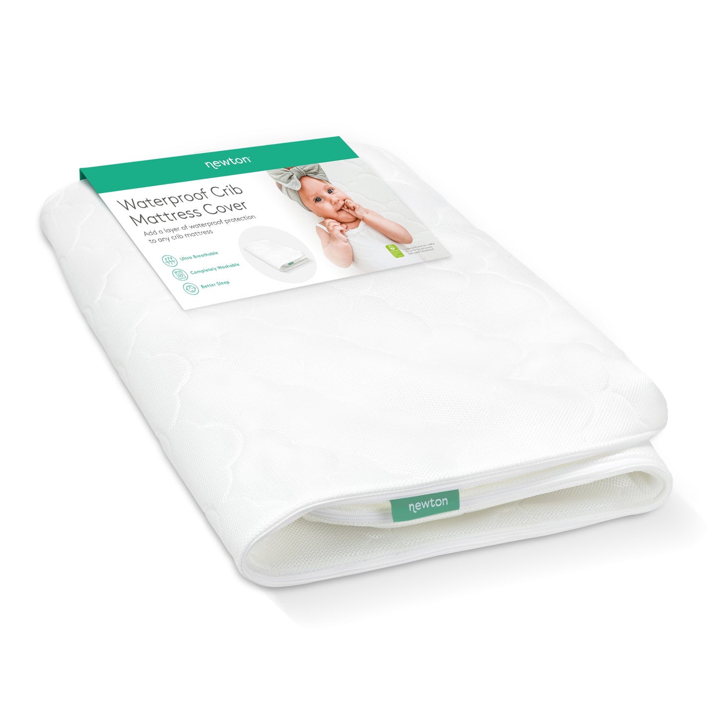 The Newton Baby Extra Waterproof Crib Mattress Cover is shown folded with its packaging label, featuring product details, breathability benefits, and a photo of a smiling baby wearing a headband.