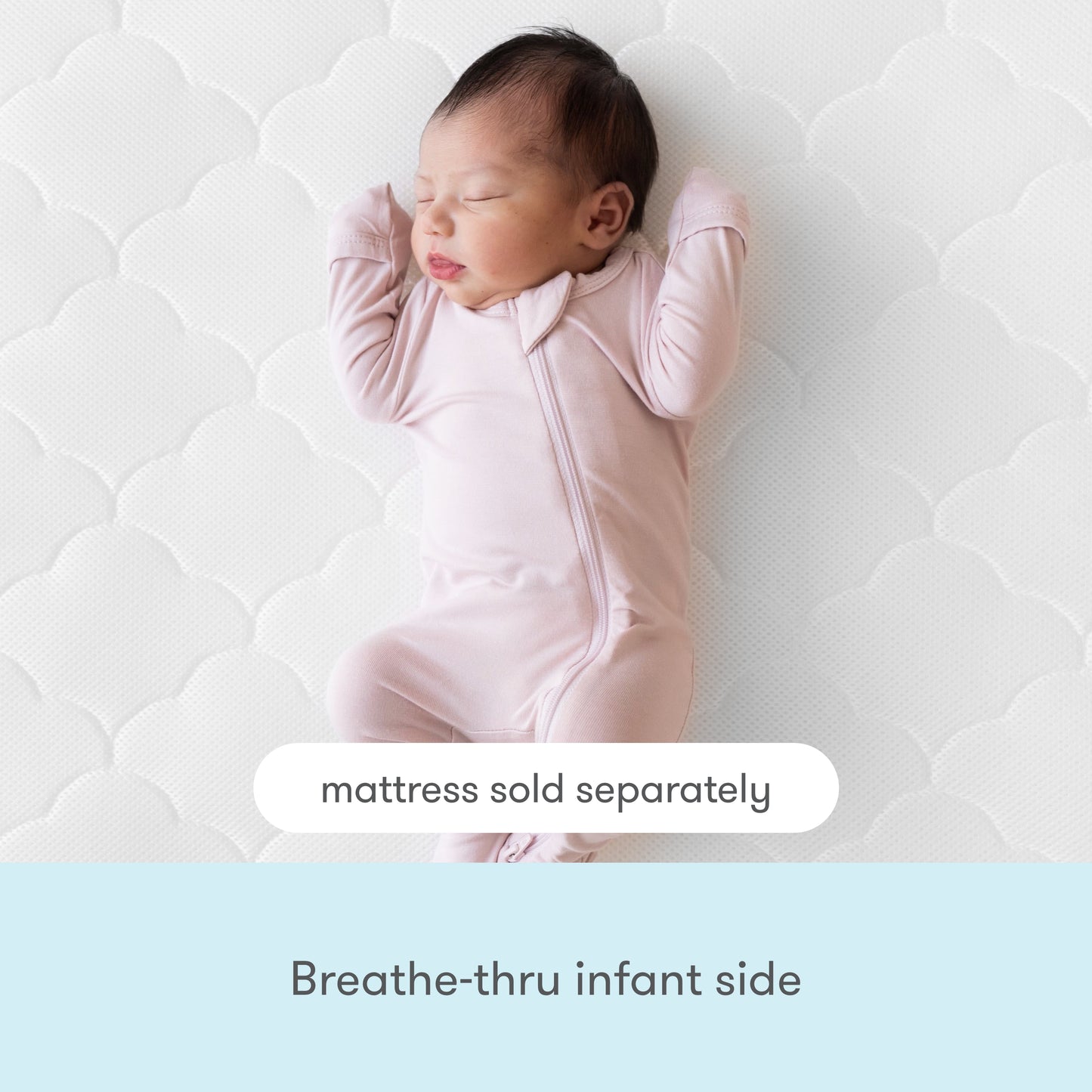 A sleeping baby in a light pink onesie rests on a white mattress with a scalloped pattern, showcasing the breathable Extra Waterproof Crib Mattress Cover by Newton Baby. Text reads, cover sold separately and Breathe-thru infant side on a blue background.