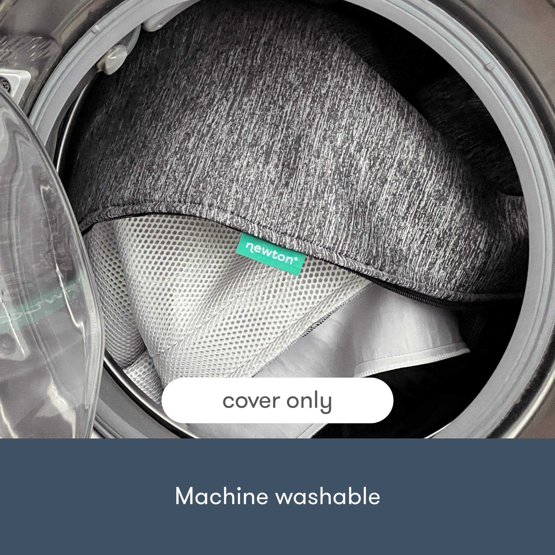 Newton pet bed cover in washing machine with text "cover only"