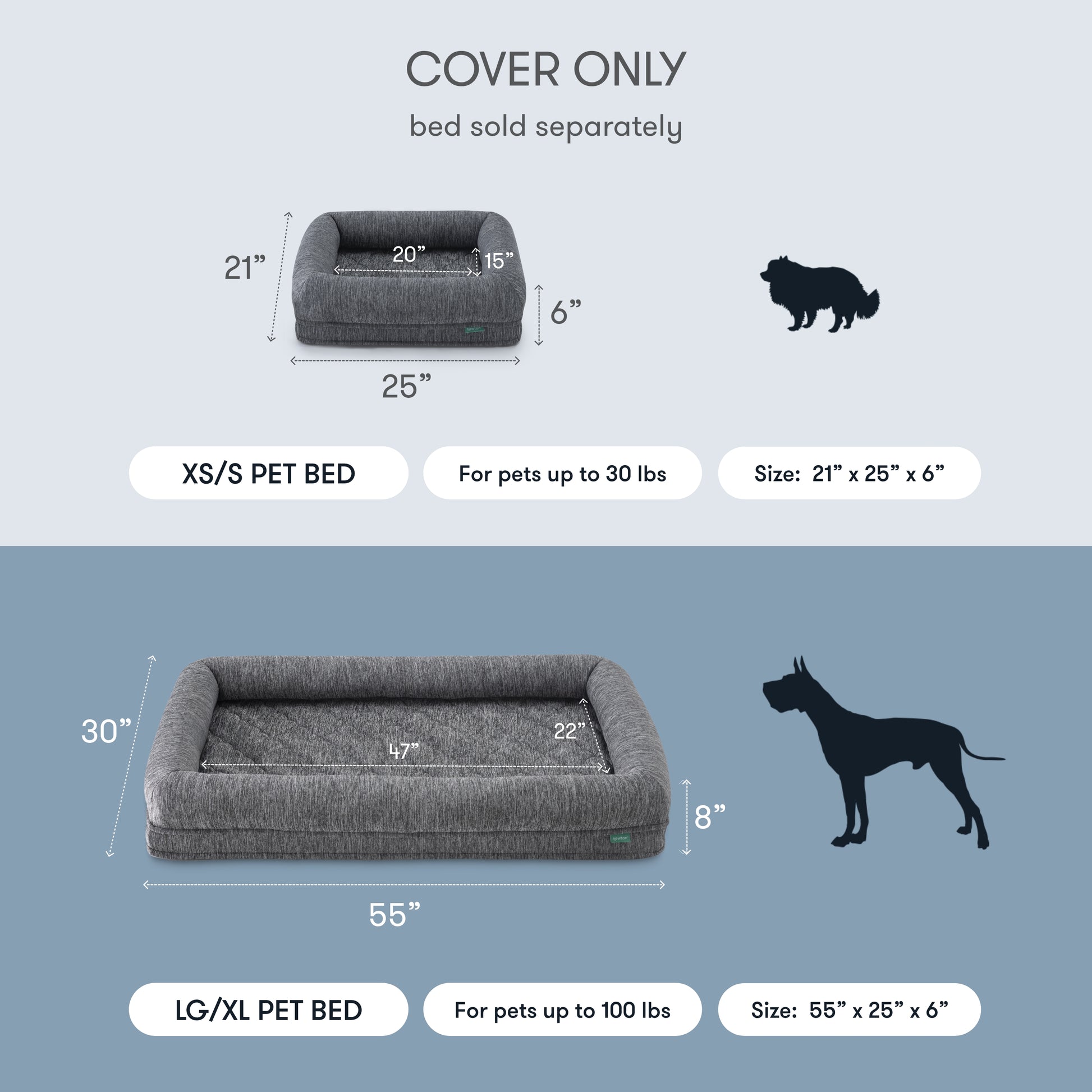 diagram between XS/S and LG/XL  newton pet beds, with text "XS/S Pet Bed, for pets up to 30 lbs, size: 21" x 25" 6", LG/XL Pet Bed, for pets up to 100 lbs, size: 55" x 25" x 6"