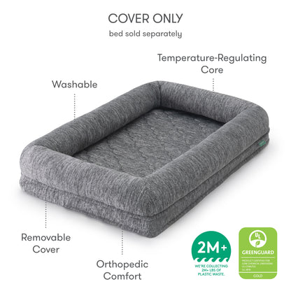 Diagram of the newton pet bed with callouts, with text "Cover only, bed sold separately, washable, temperature regulating core, removable cover, orthopedic comfort, we're collecting 2M+ LBS of plastic waste, greenguard gold certified"
