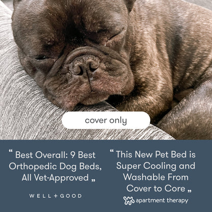 dog laying on newton pet bed with text, "cover only" with reviews "best oveall: 9 best orthopedic dog beds all vet approved - well+good, This new pet bed is super cooling and washable from cover to core -apartment therapy"