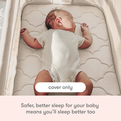 A baby sleeps peacefully on the Newton Baby Extra Bassinet Mattress Cover with a white patterned design. Text reads "cover only" and "Safer, better sleep for your baby means better sleep for you." Machine washable for easy cleanup.
