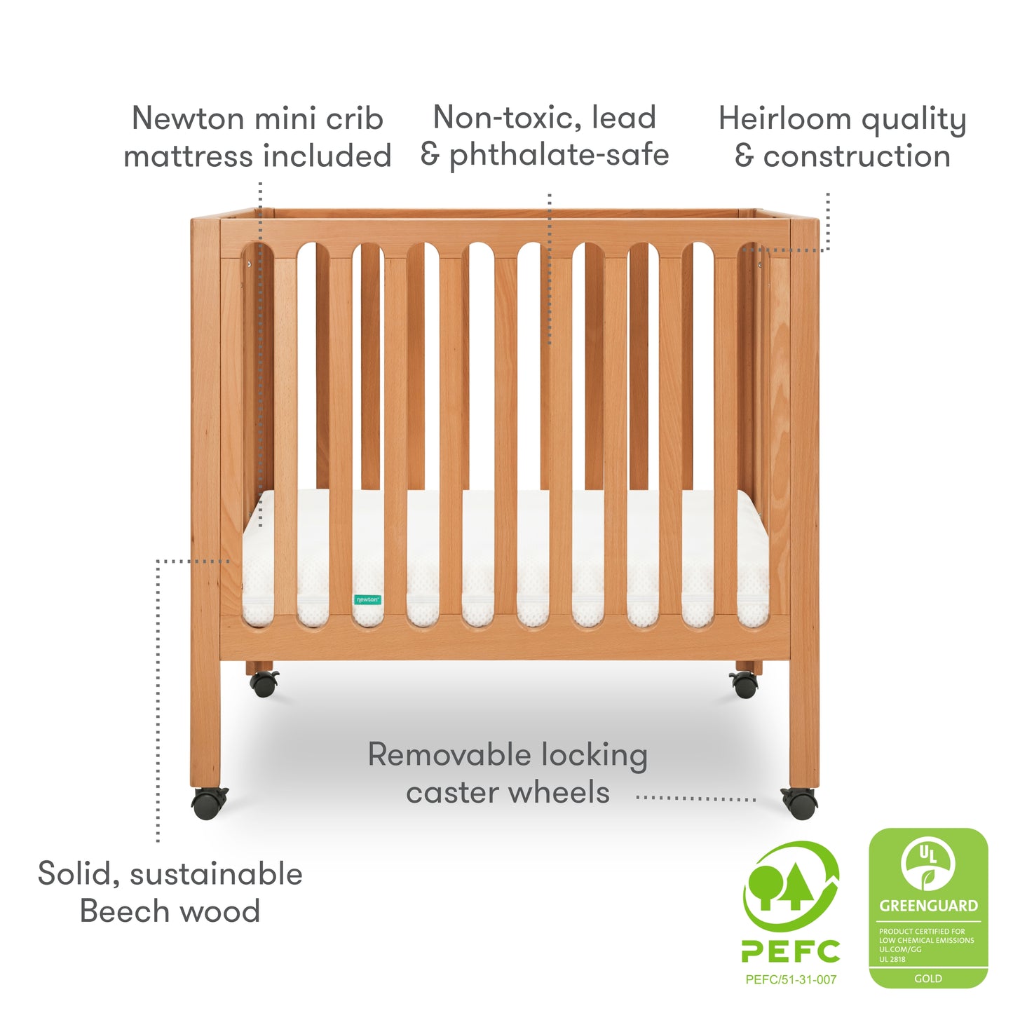 The Newton Baby Galileo Mini Crib with Newton Mattress features vertical slats, four black caster wheels, and is crafted from sustainable beech wood with non-toxic materials, removable wheels, and safety certifications.