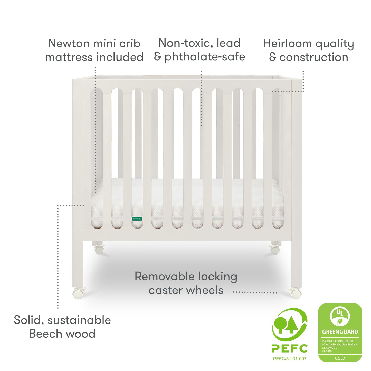 The Newton Galileo Mini Crib with Newton Mattress by Newton Baby is a white beech wood crib with locking caster wheels, non-toxic materials, heirloom quality, and PEFC and GREENGUARD certifications for safe, stylish portability.