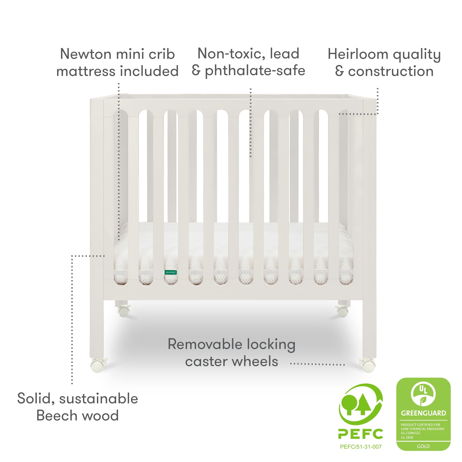 The Newton Galileo Mini Crib with Newton Mattress by Newton Baby is a white beech wood crib with locking caster wheels, non-toxic materials, heirloom quality, and PEFC and GREENGUARD certifications for safe, stylish portability.