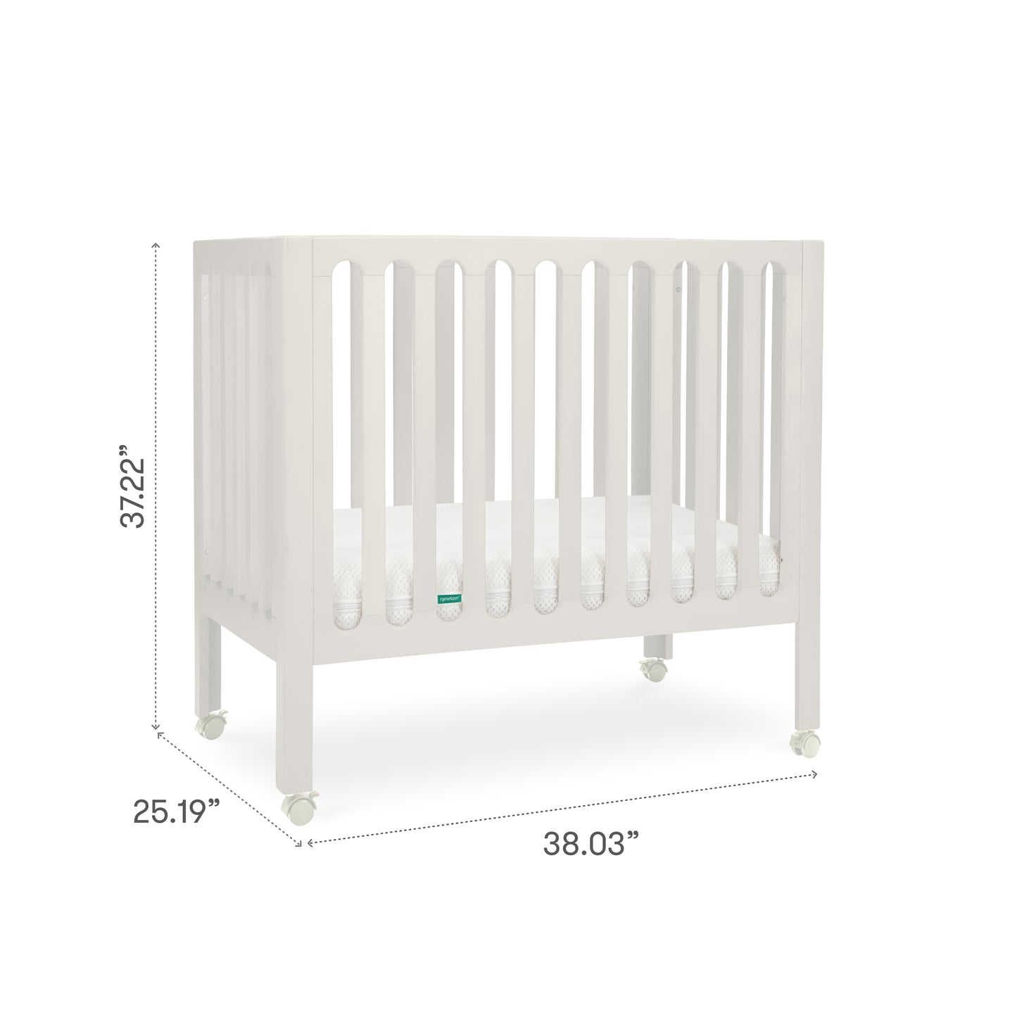 Newton Galileo Mini Crib with Newton Mattress by Newton Baby: Portable crib with vertical slats, cozy mattress, and four wheels. Made from beech wood; 37.22" H x 25.19" W x 38.03" L—ideal for small spaces or travel.