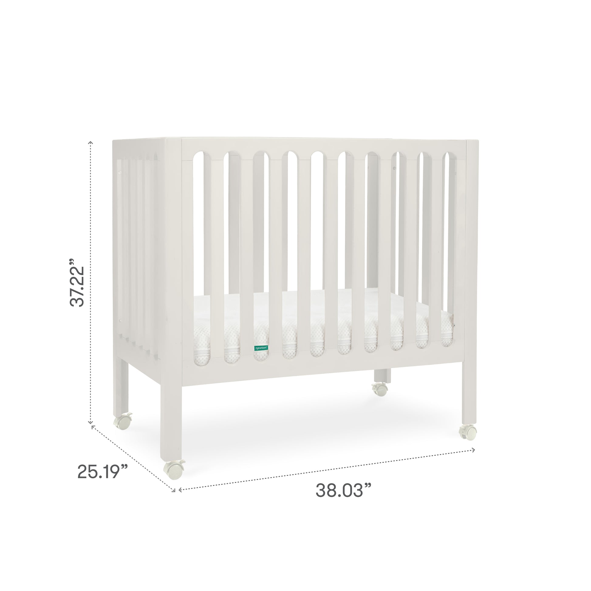 Newton Galileo Mini Crib with Newton Mattress by Newton Baby: Portable crib with vertical slats, cozy mattress, and four wheels. Made from beech wood; 37.22" H x 25.19" W x 38.03" L—ideal for small spaces or travel.