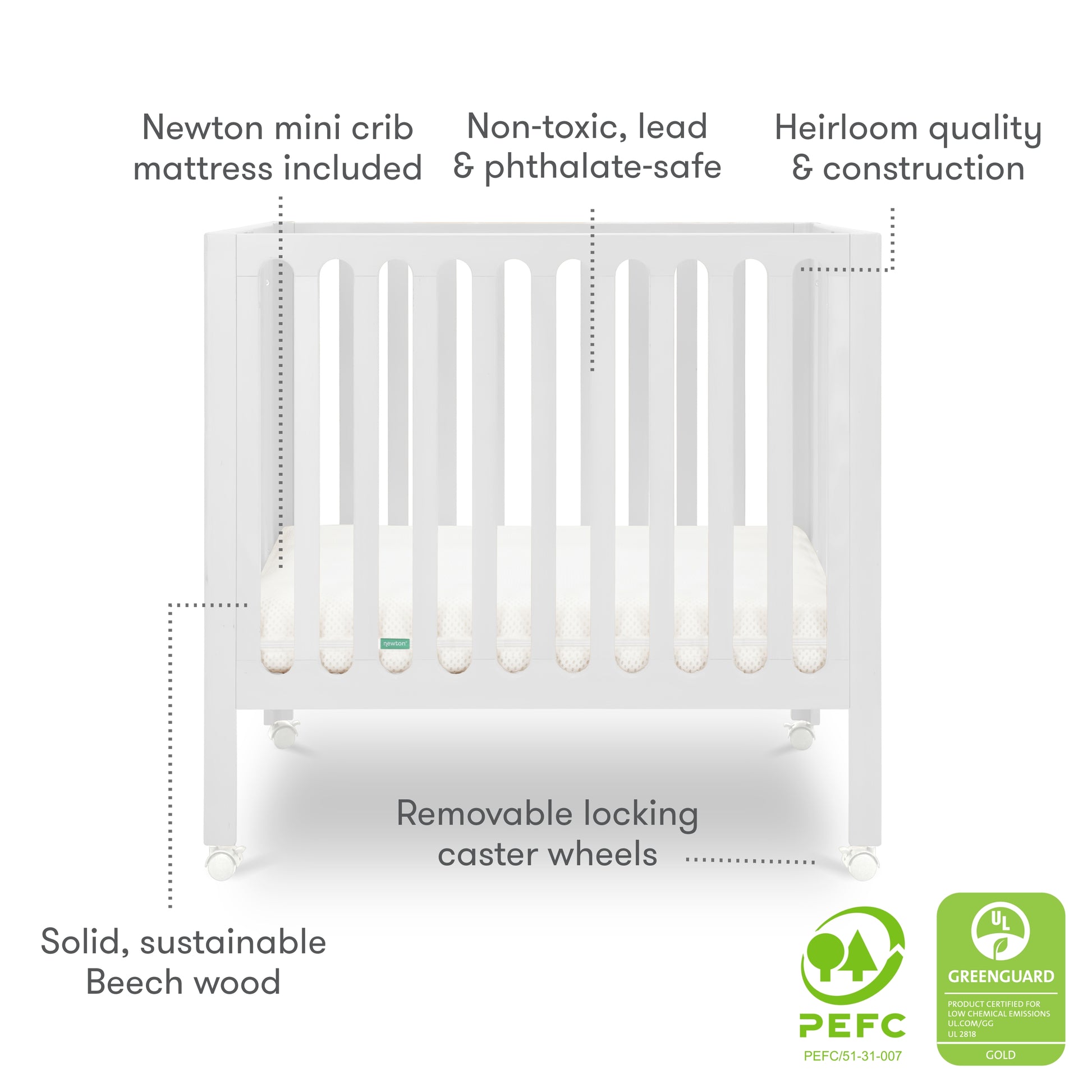 The Newton Galileo Mini Crib with Newton Mattress by Newton Baby features white beech wood, removable locking caster wheels, and is certified non-toxic and heirloom quality with PEFC and GREENGUARD Gold for safety and sustainability.