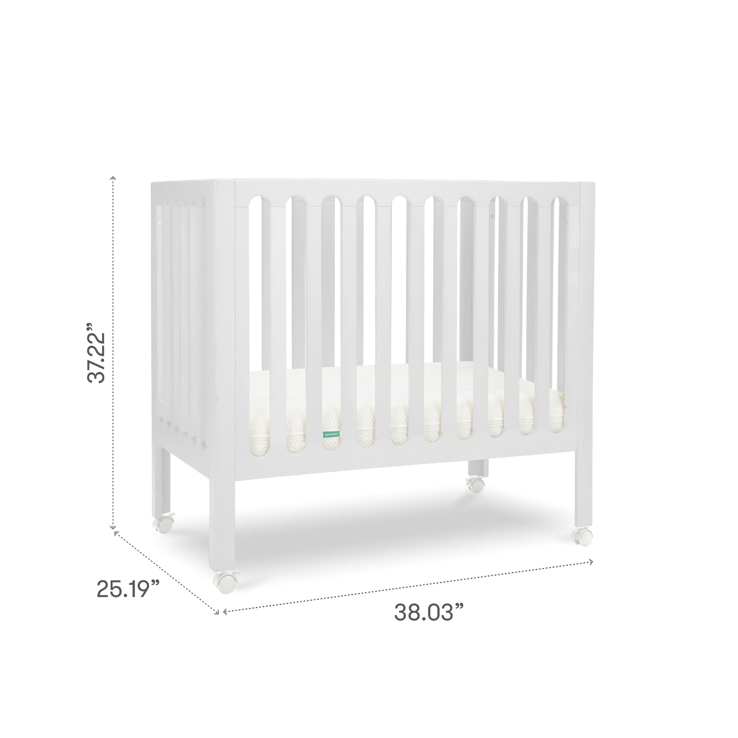 The Newton Galileo Mini Crib with Newton Mattress by Newton Baby is a portable beech wood crib with vertical slats, four caster wheels, and a mattress. Dimensions: 37.22" H x 25.19" D x 38.03" W; shown against a plain white background.
