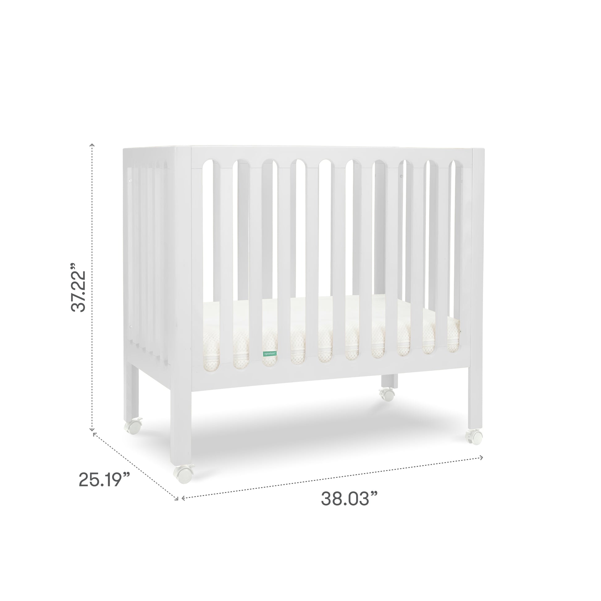 The Newton Galileo Mini Crib with Newton Mattress by Newton Baby is a portable beech wood crib with vertical slats, four caster wheels, and a mattress. Dimensions: 37.22" H x 25.19" D x 38.03" W; shown against a plain white background.