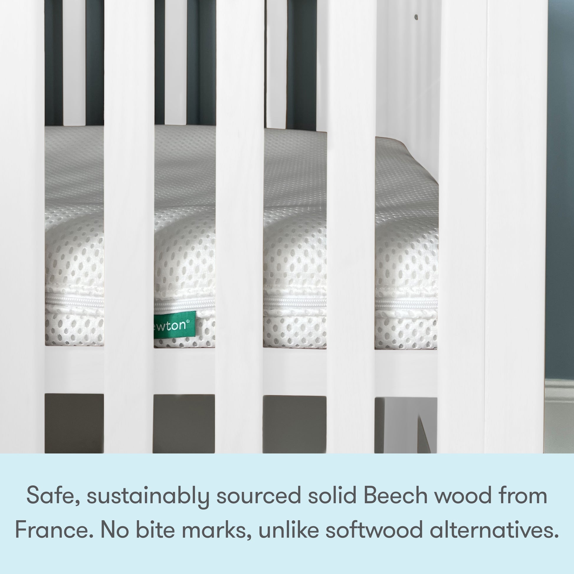 Close-up of the Newton Galileo Mini Crib with Newton Mattress by Newton Baby, shown through its slats. Text notes this Beech wood crib is crafted from safe, sustainably sourced French wood and resists bite marks.